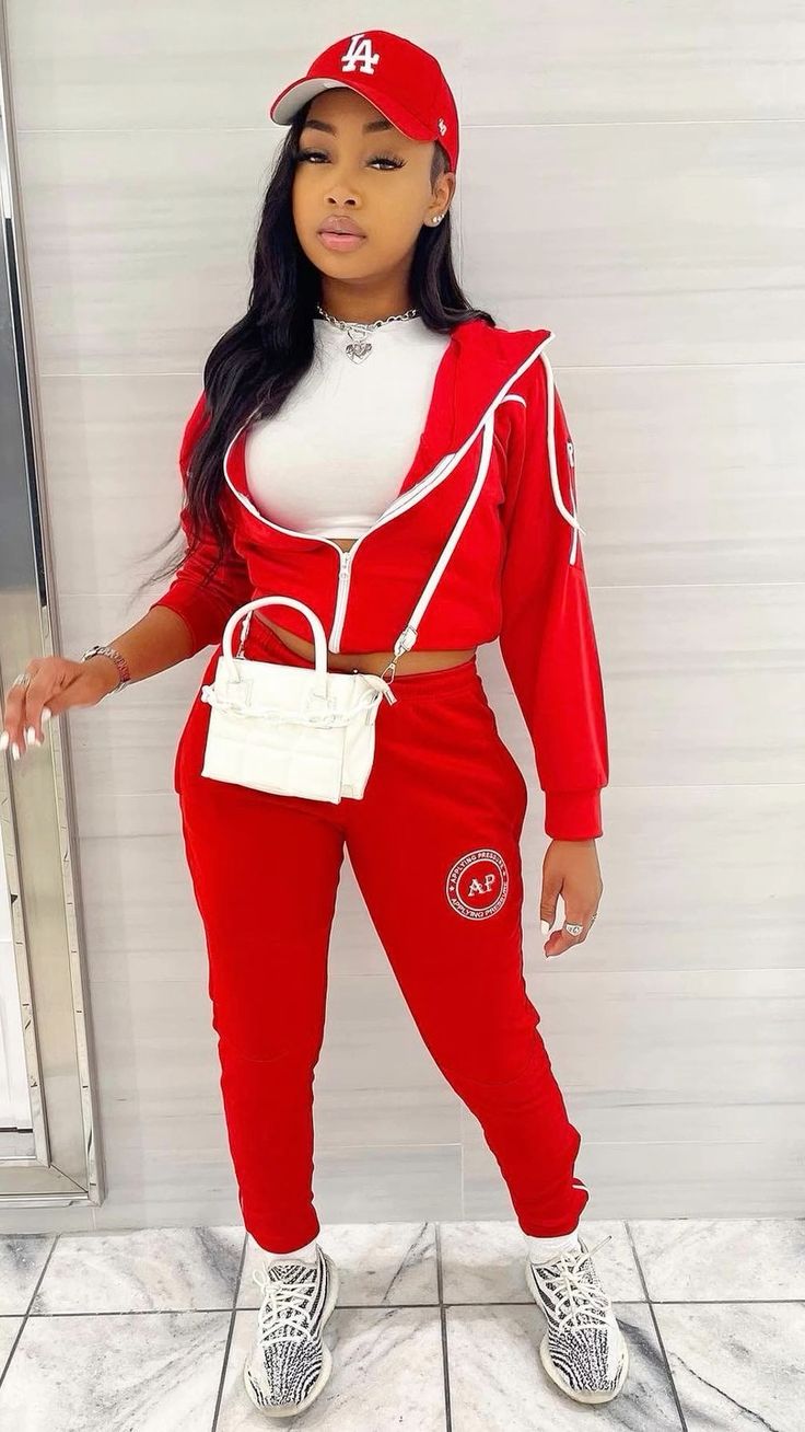 Red Tracksuit and White Crop Top